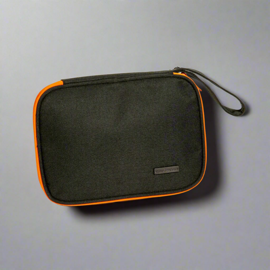 A black and orange travel organizer