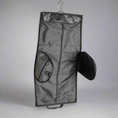 Black garment bag with a shoe compartment on a white background