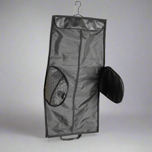 Black garment bag with a shoe compartment on a white background