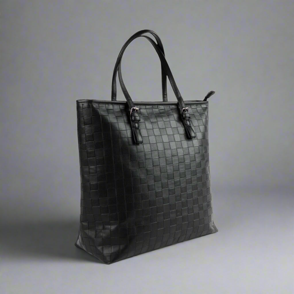 Black woven tote bag on a white background