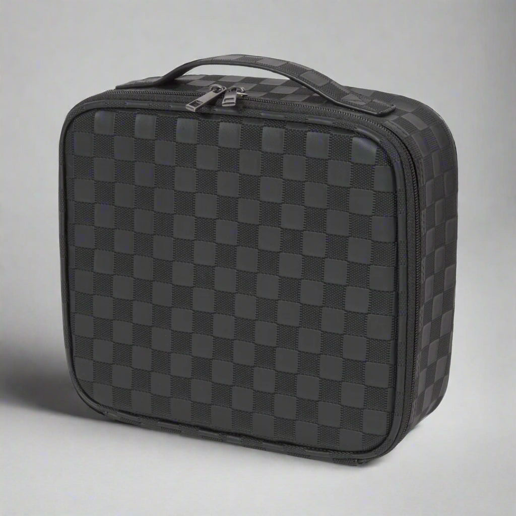 Black checkered travel case on a white background