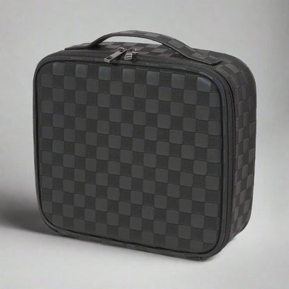 Black checkered travel case on a white background