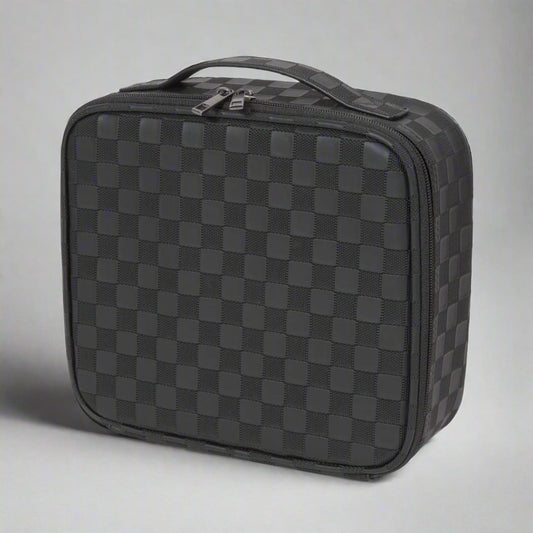 Black checkered travel case on a white background