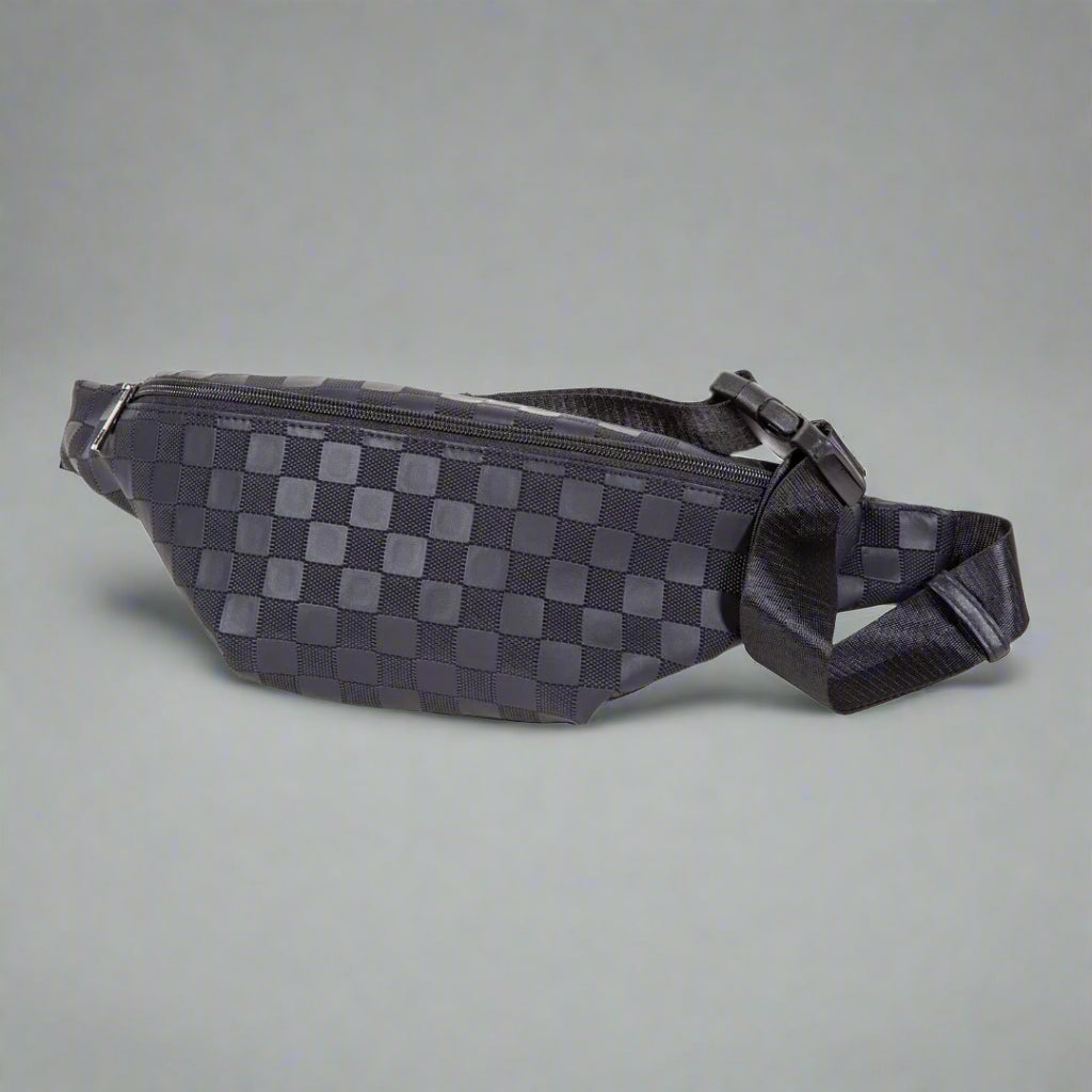Black checkered waist bag on a white background