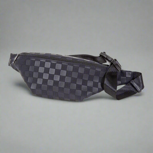 Black checkered waist bag on a white background