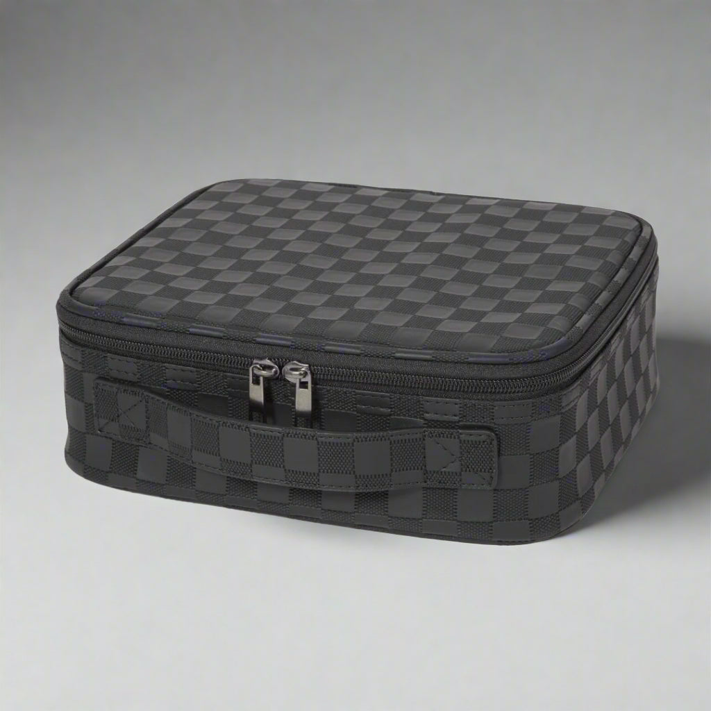 Black checkered travel case on a white background