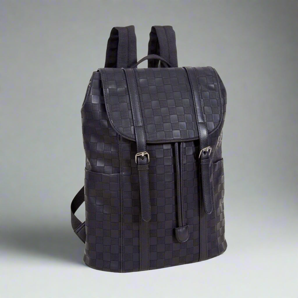 Black woven leather backpack on a white background