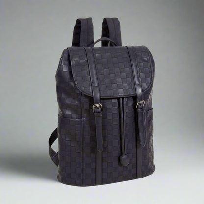 Black woven leather backpack on a white background