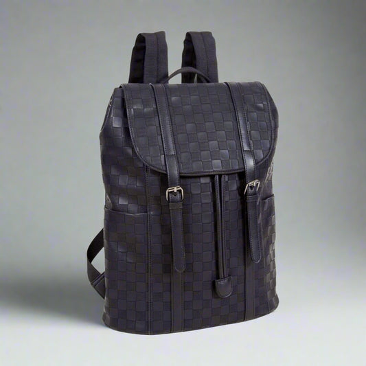 Black woven leather backpack on a white background