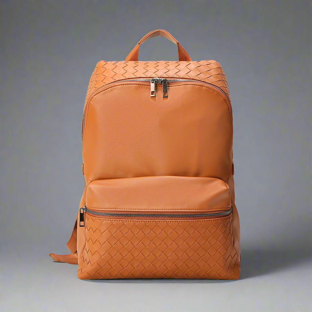 Brown woven backpack on a white background