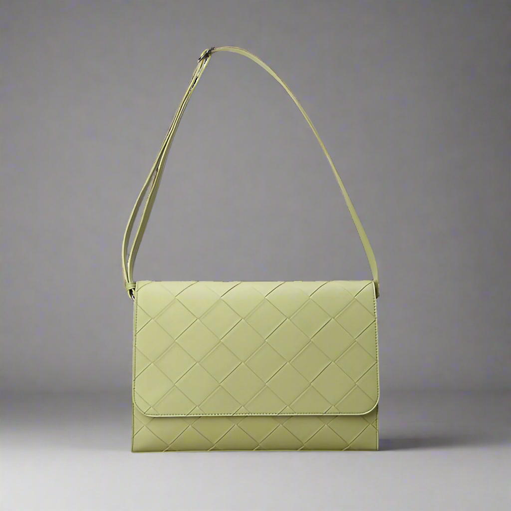 Green quilted handbag on a white background