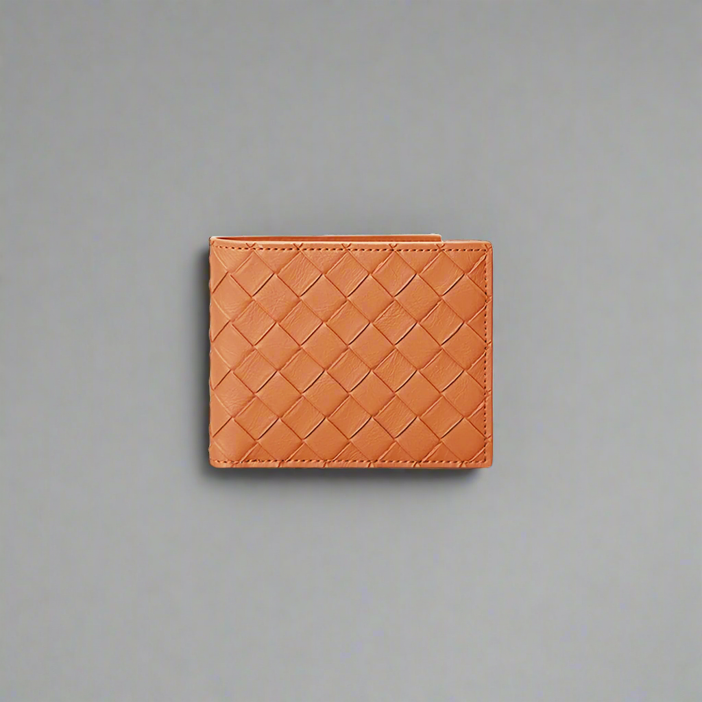 Orange woven leather wallet on a white background