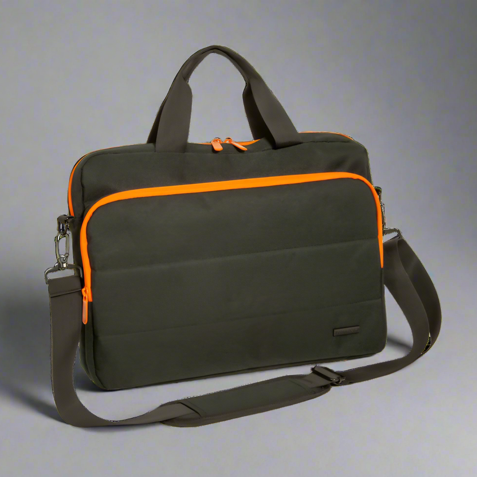 Black and orange bag with a shoulder strap on a white background
