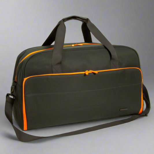 Black duffel bag with orange accents on a white background